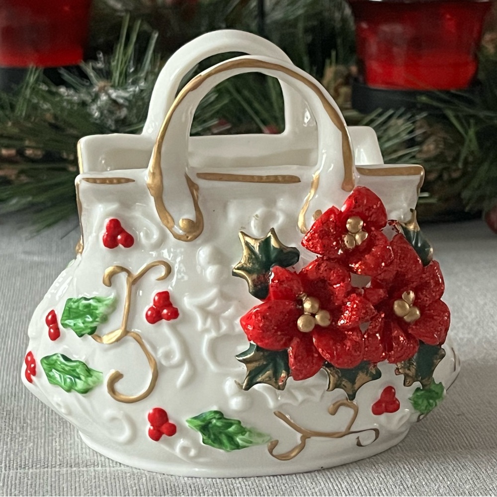 Christmas Collection Ceramic Glazed Purse Designed With Sparkly Red Poinsettia